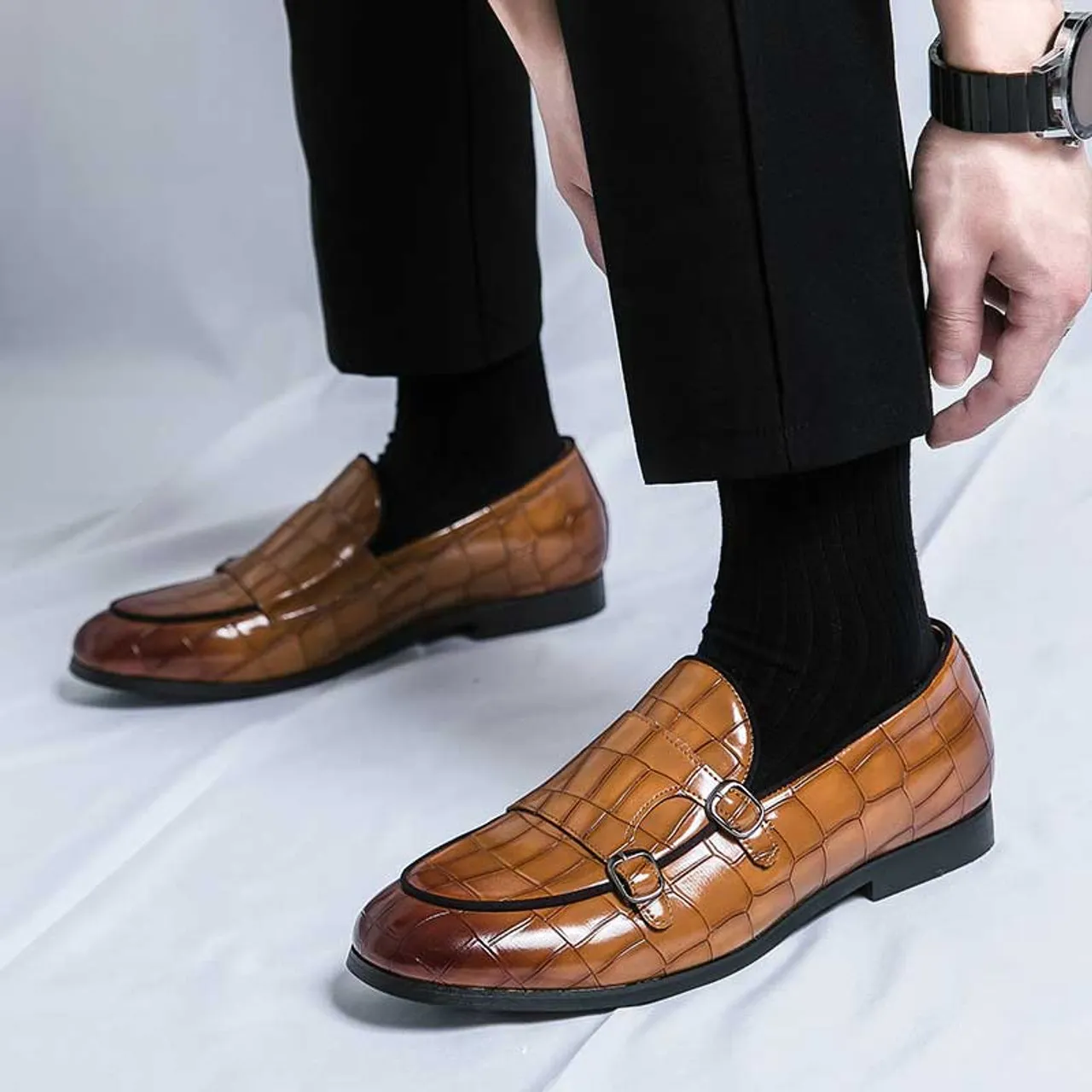 Brown croc skin pattern monk strap slip on dress shoe 2696