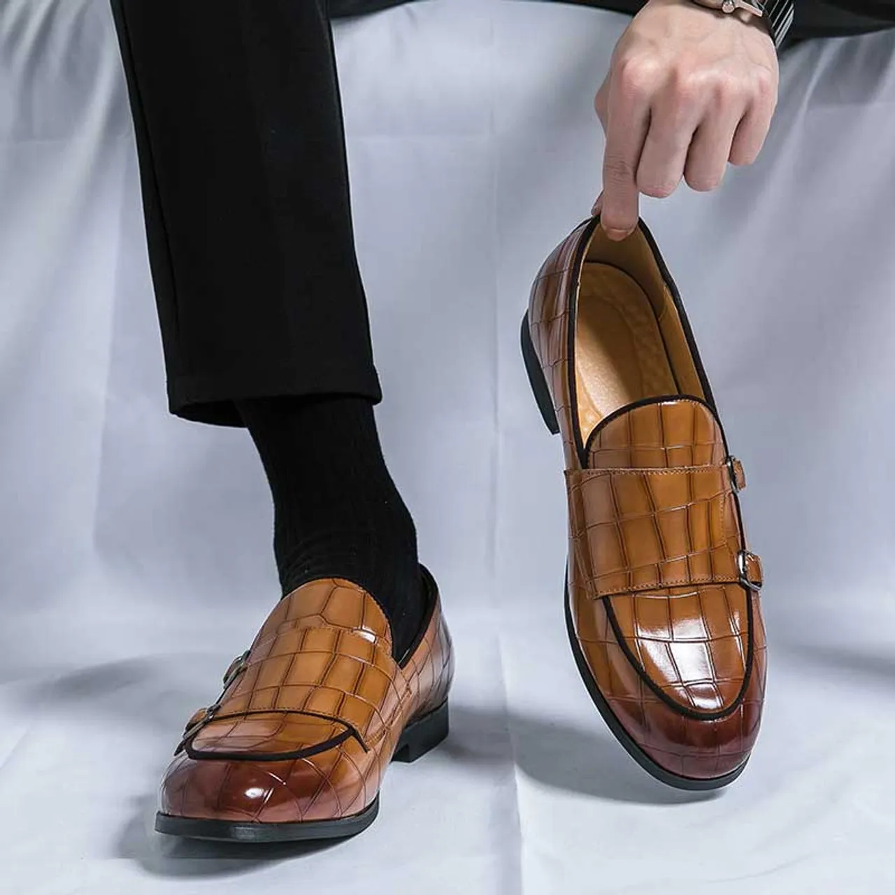 Brown croc skin pattern monk strap slip on dress shoe 2696