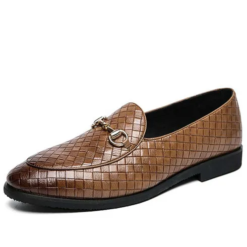 Brown retro weave accents metal buckle slip on dress shoe