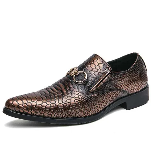 Brown snake skin pattern metal buckle slip on dress shoe