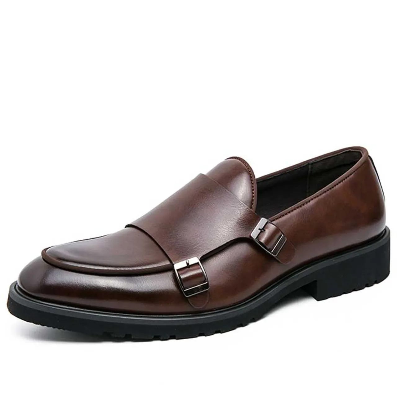 Brown urban monk strap slip on dress shoe