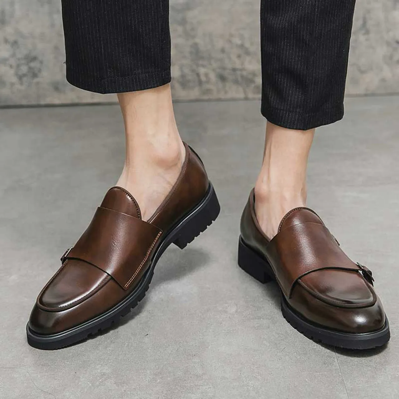 Brown urban monk strap slip on dress shoe