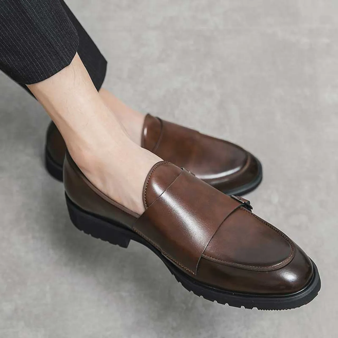 Brown urban monk strap slip on dress shoe