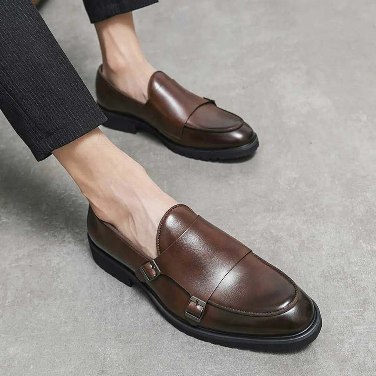 Brown urban monk strap slip on dress shoe