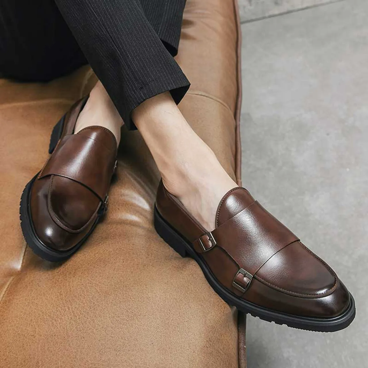 Brown urban monk strap slip on dress shoe