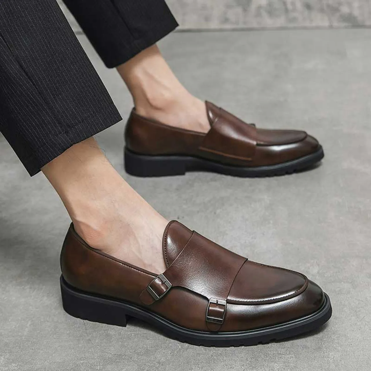 Brown urban monk strap slip on dress shoe