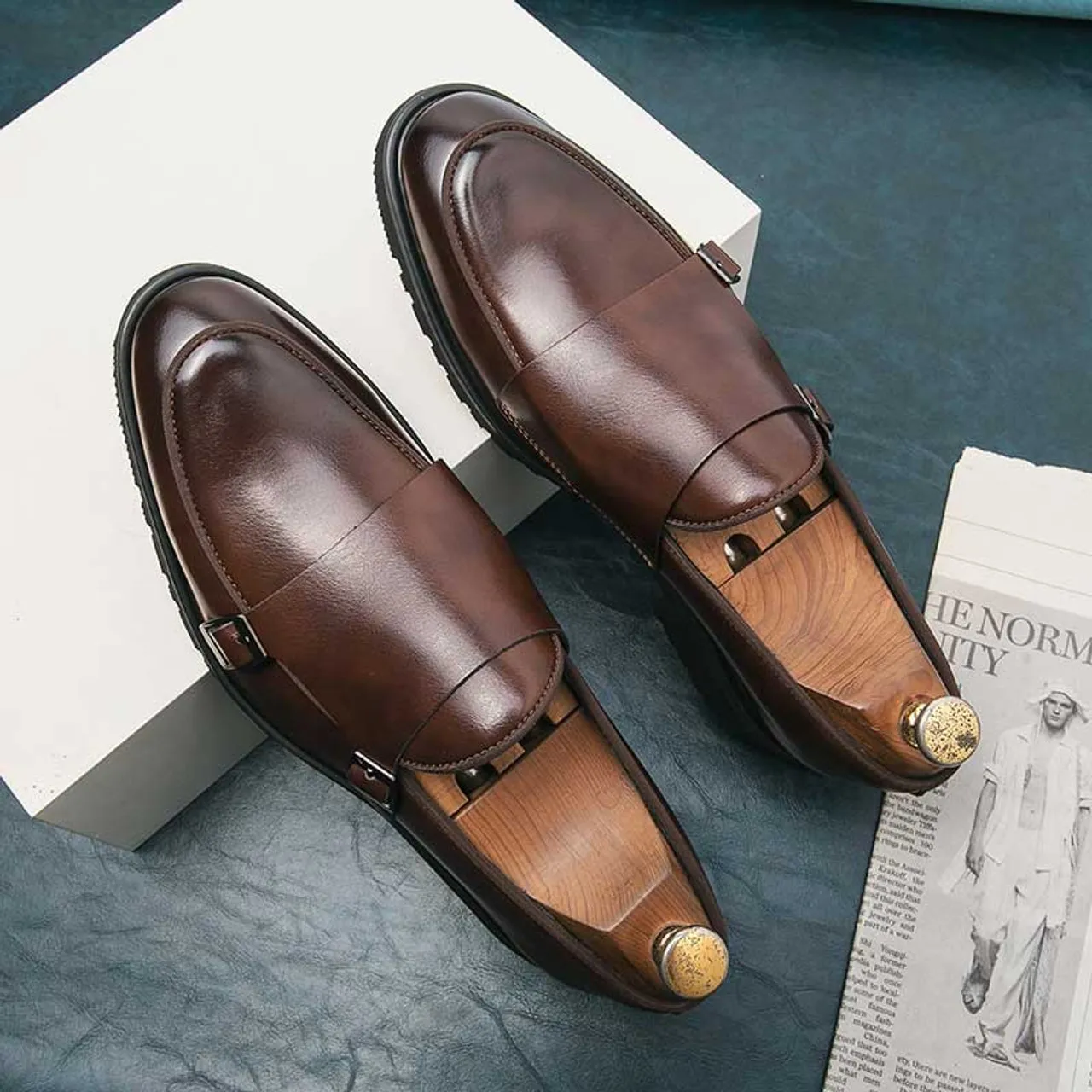 Brown urban monk strap slip on dress shoe