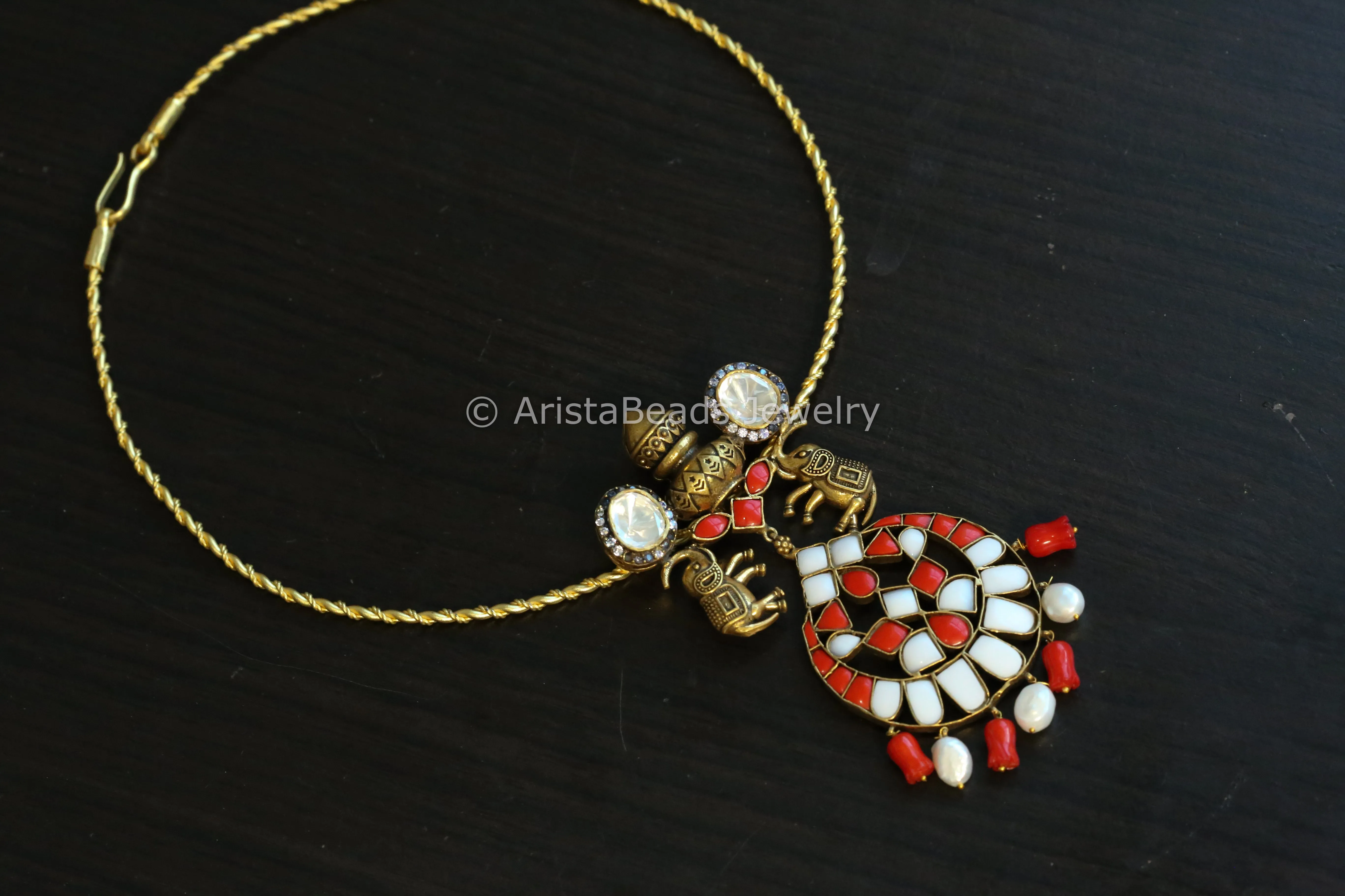 Coral Jadau & Moissanites Fusion Hasli Necklace