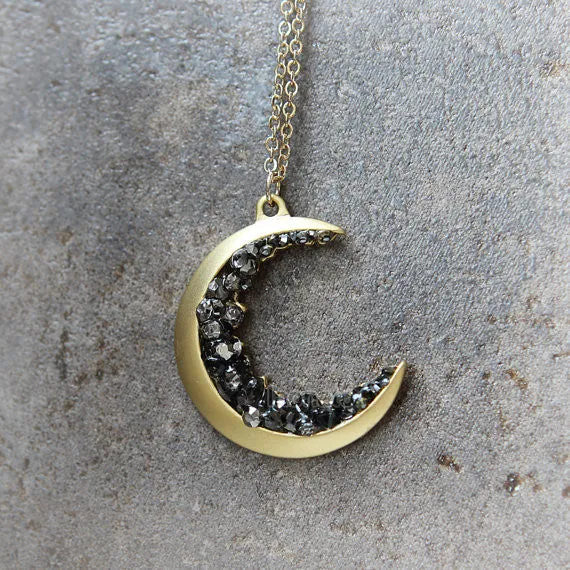 Crescent Moon and Black CZ Necklace