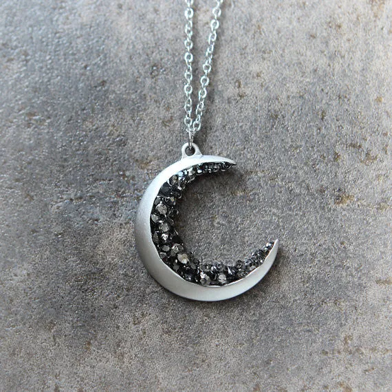 Crescent Moon and Black CZ Necklace