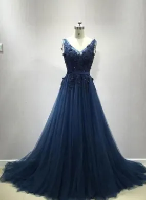 Dark Blue V Back Tulle Prom Gowns, Party Dresses, Formal Gowns