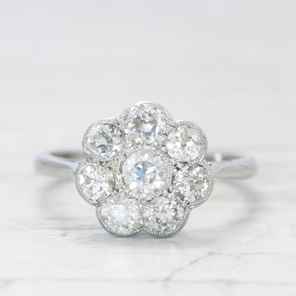 Edwardian 1.04 Carat Old Cut Diamond Daisy Cluster