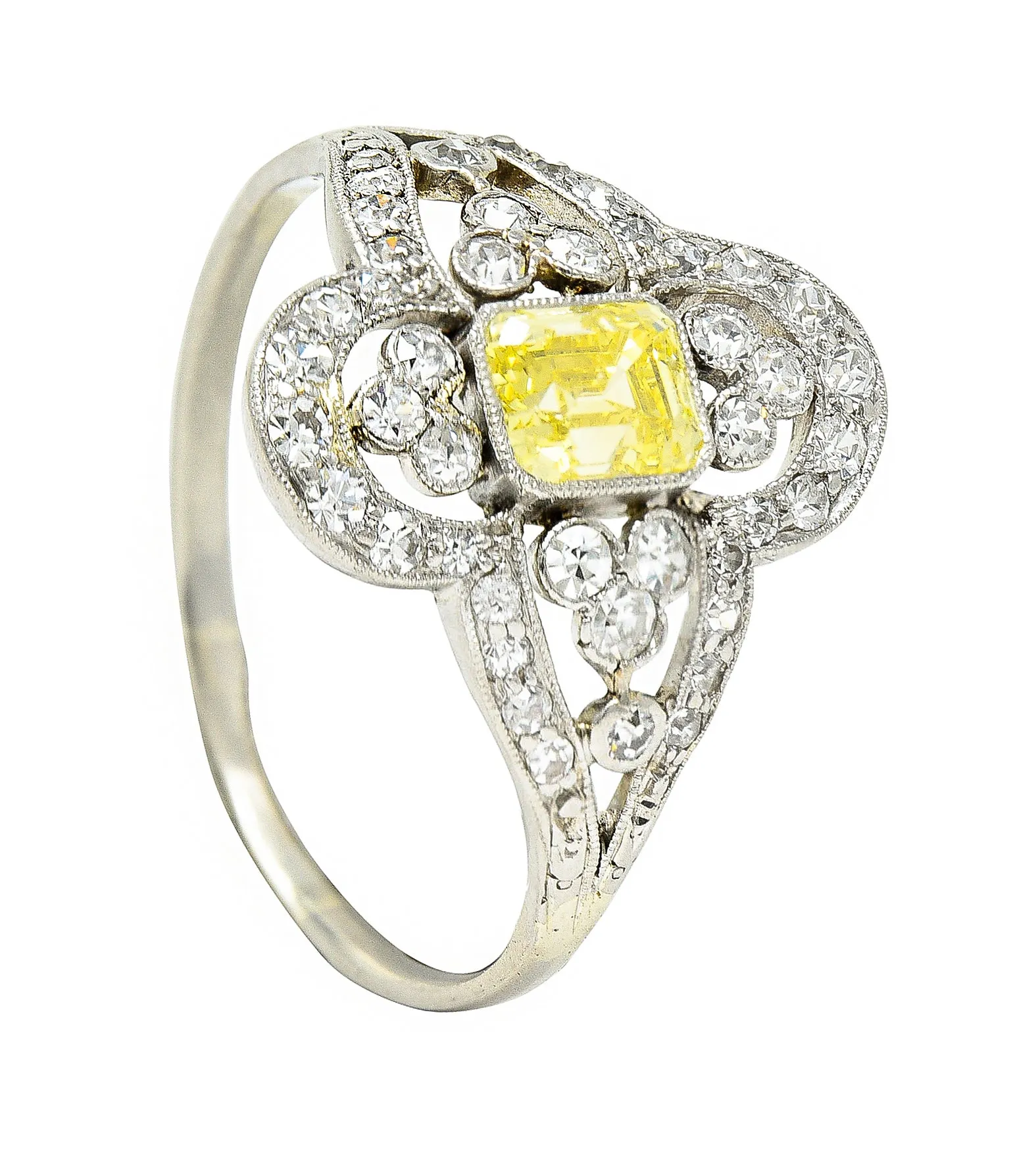 Edwardian 1.17 CTW Emerald Cut Fancy Yellow Diamond Platinum Quatrefoil Antique Dinner Ring