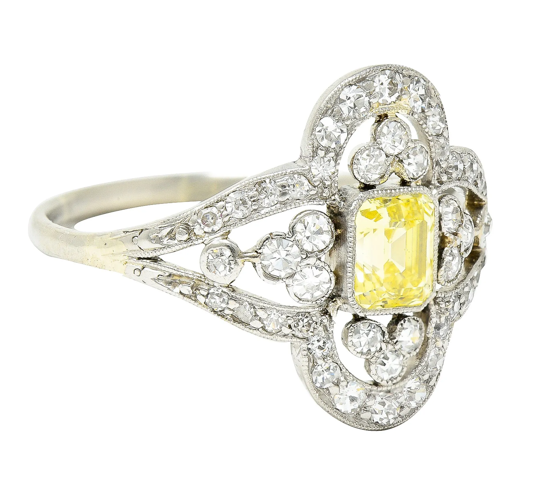 Edwardian 1.17 CTW Emerald Cut Fancy Yellow Diamond Platinum Quatrefoil Antique Dinner Ring