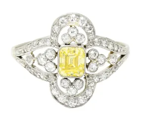 Edwardian 1.17 CTW Emerald Cut Fancy Yellow Diamond Platinum Quatrefoil Antique Dinner Ring