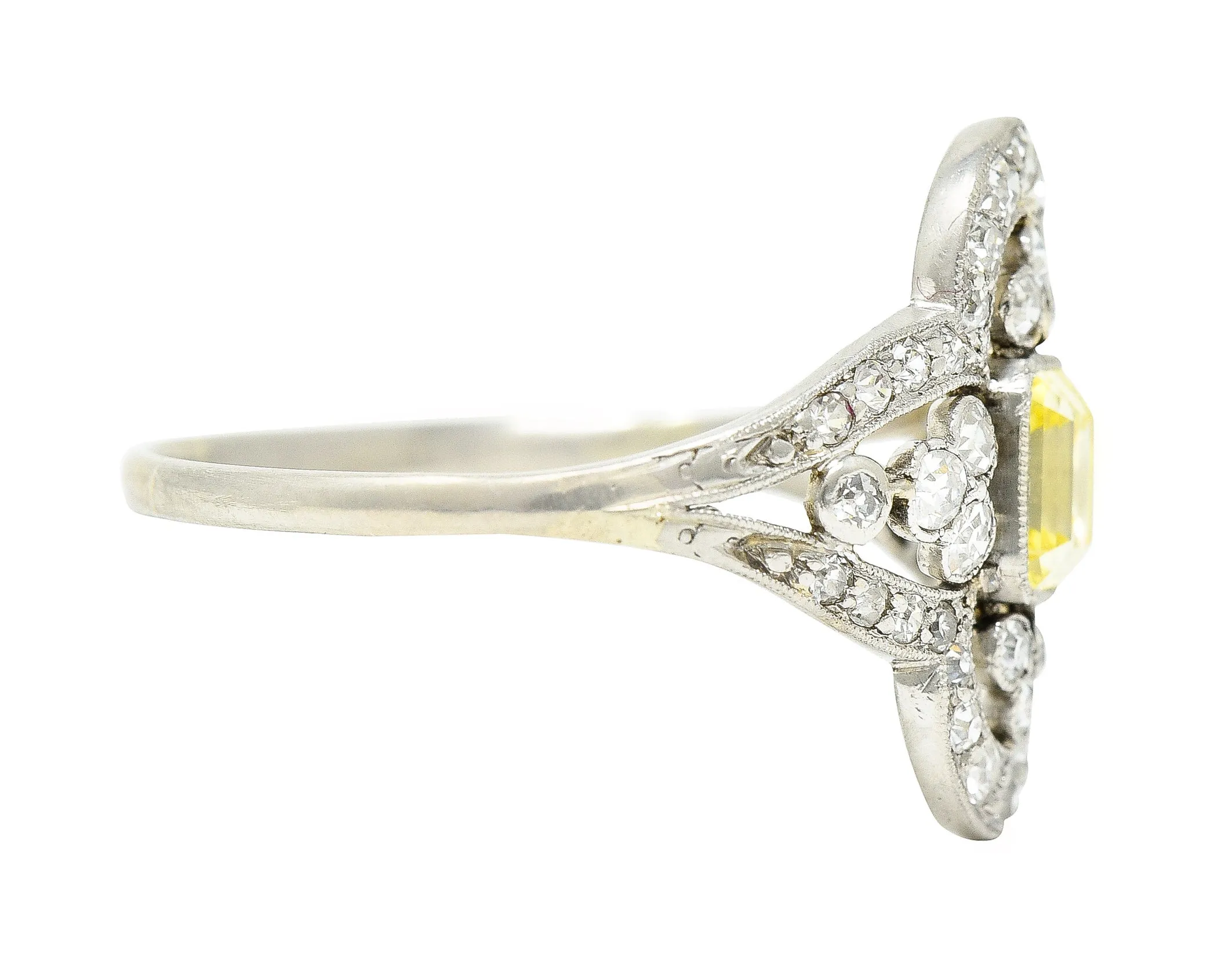 Edwardian 1.17 CTW Emerald Cut Fancy Yellow Diamond Platinum Quatrefoil Antique Dinner Ring