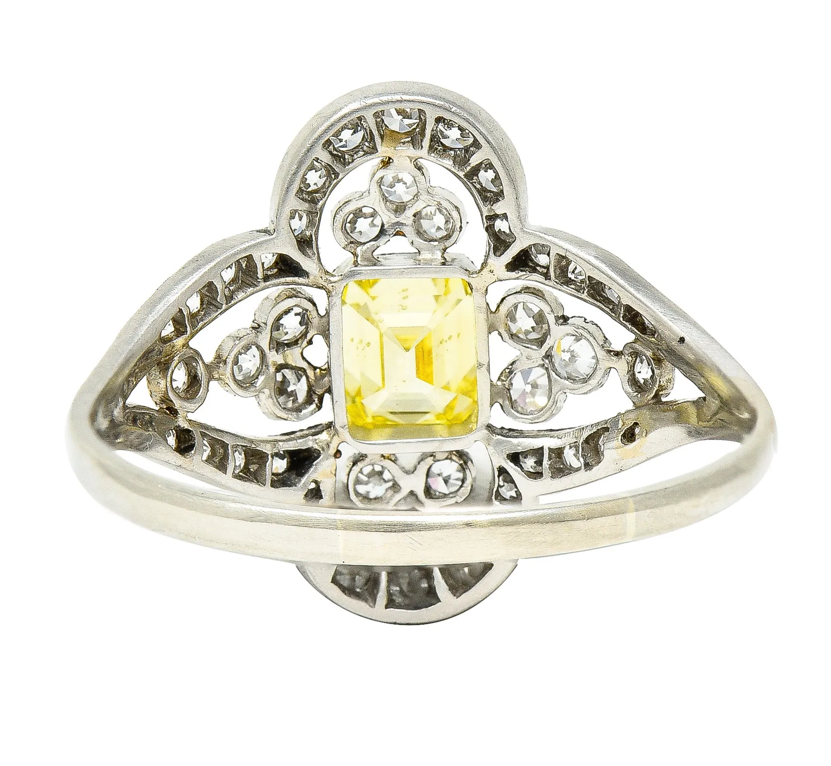 Edwardian 1.17 CTW Emerald Cut Fancy Yellow Diamond Platinum Quatrefoil Antique Dinner Ring