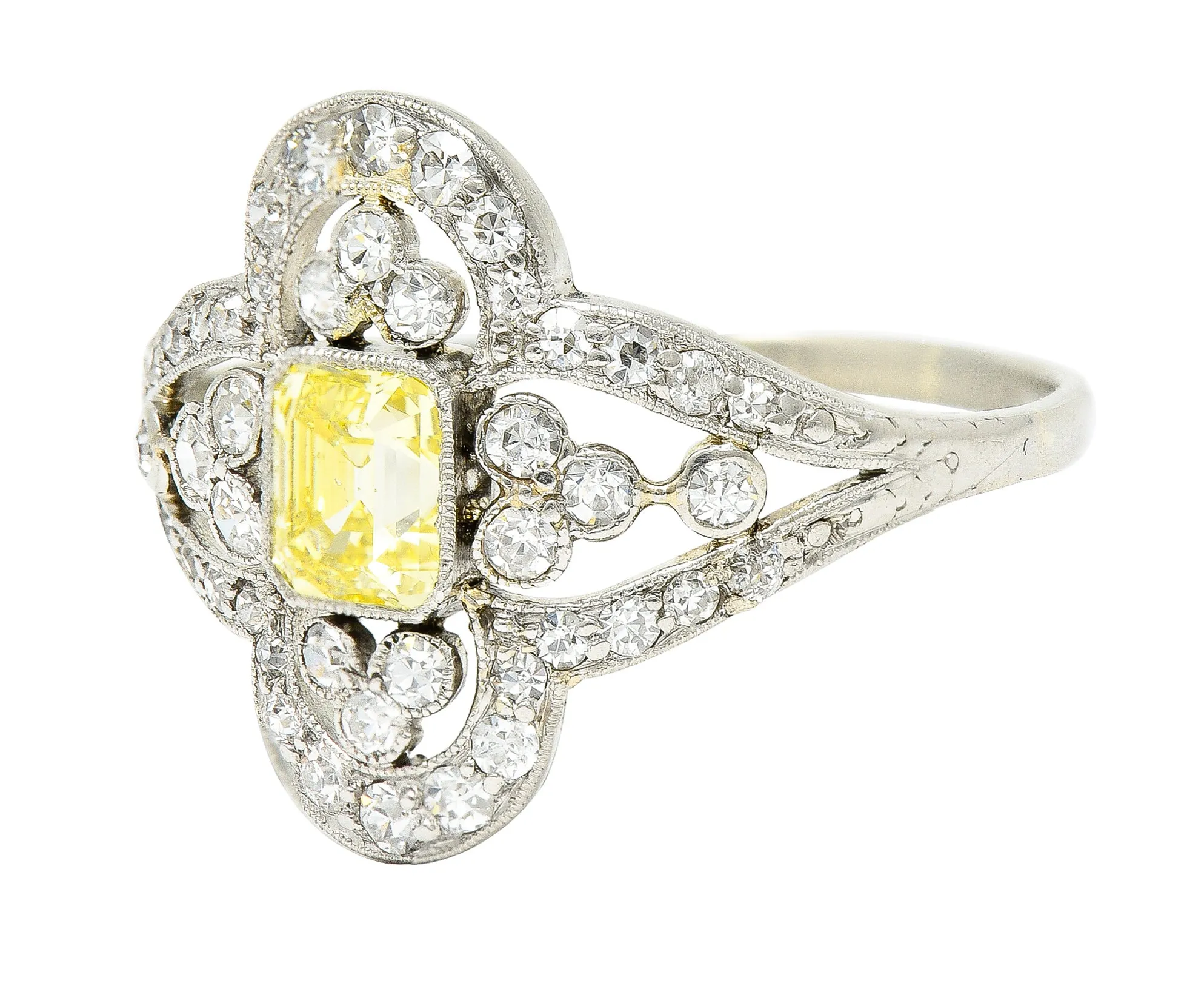 Edwardian 1.17 CTW Emerald Cut Fancy Yellow Diamond Platinum Quatrefoil Antique Dinner Ring