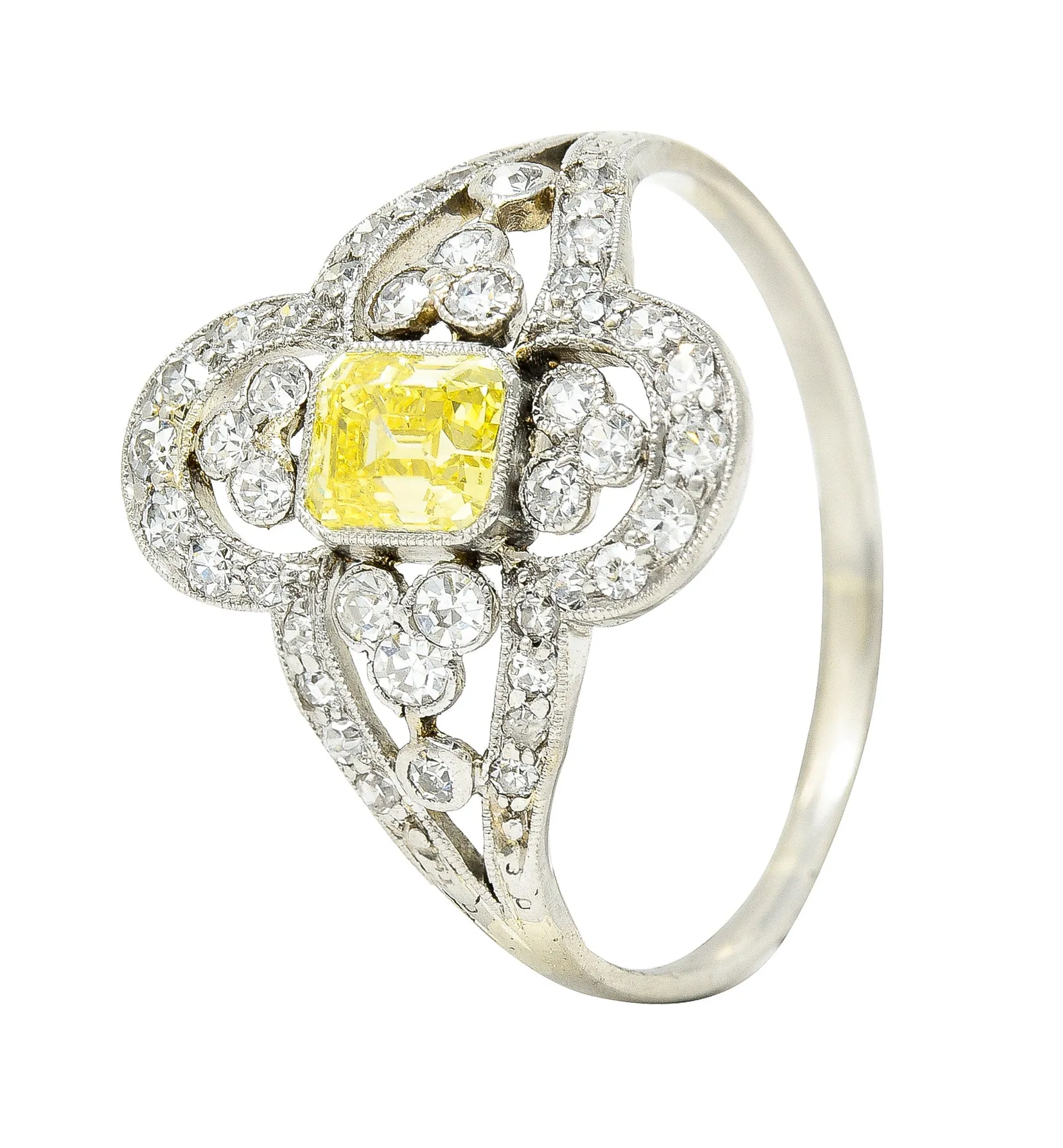 Edwardian 1.17 CTW Emerald Cut Fancy Yellow Diamond Platinum Quatrefoil Antique Dinner Ring