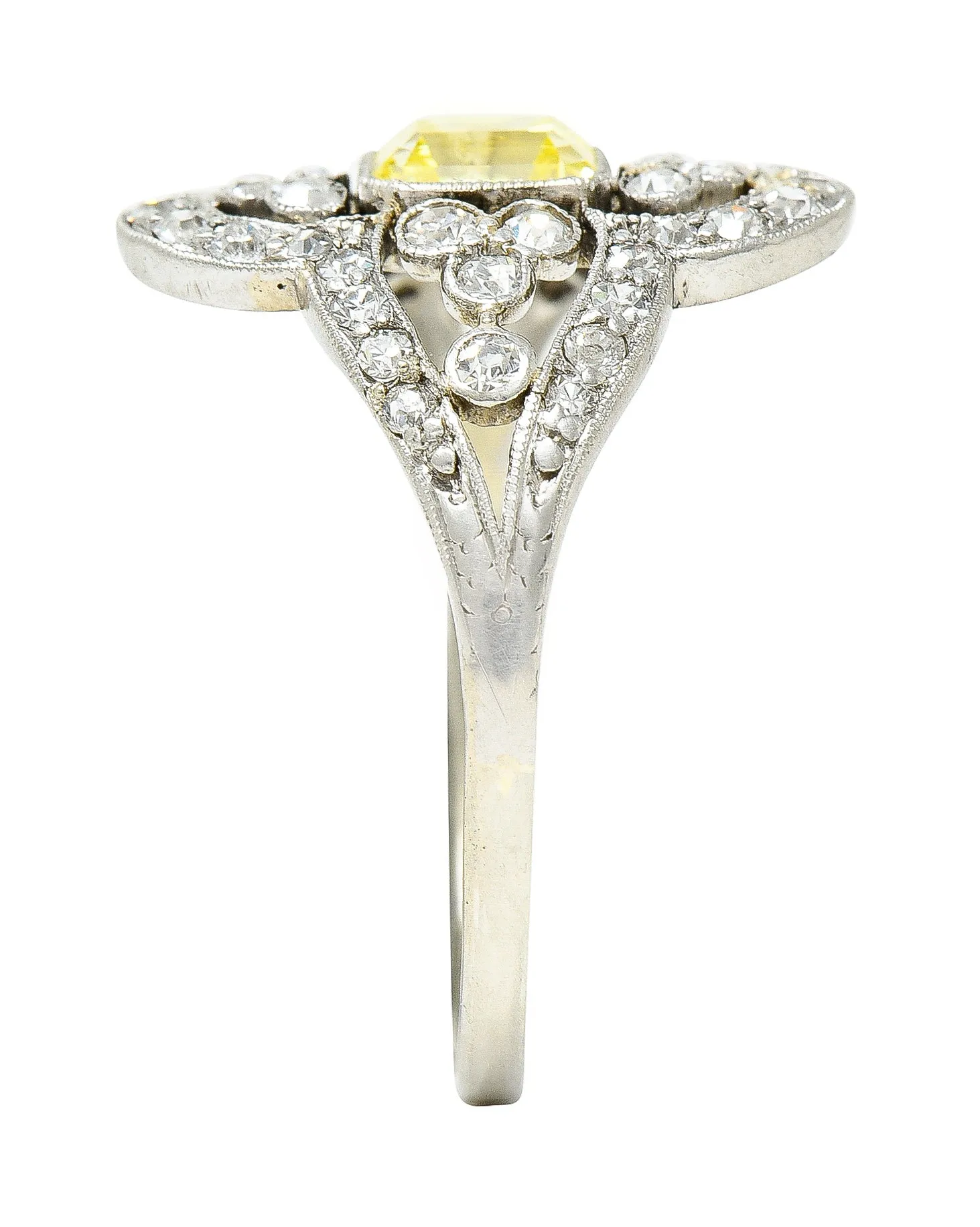 Edwardian 1.17 CTW Emerald Cut Fancy Yellow Diamond Platinum Quatrefoil Antique Dinner Ring