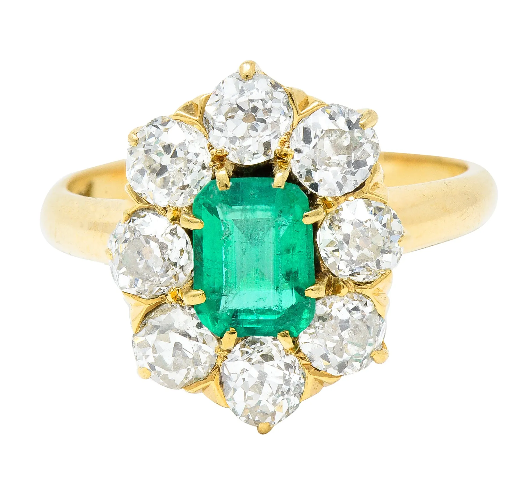 Edwardian 1.54 CTW Emerald Old European Cut Diamond 18 Karat Yellow Gold Antique Cluster Ring