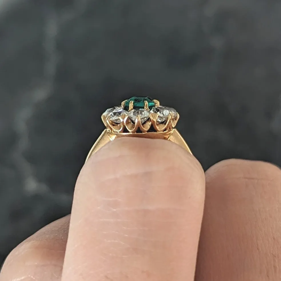 Edwardian 1.54 CTW Emerald Old European Cut Diamond 18 Karat Yellow Gold Antique Cluster Ring