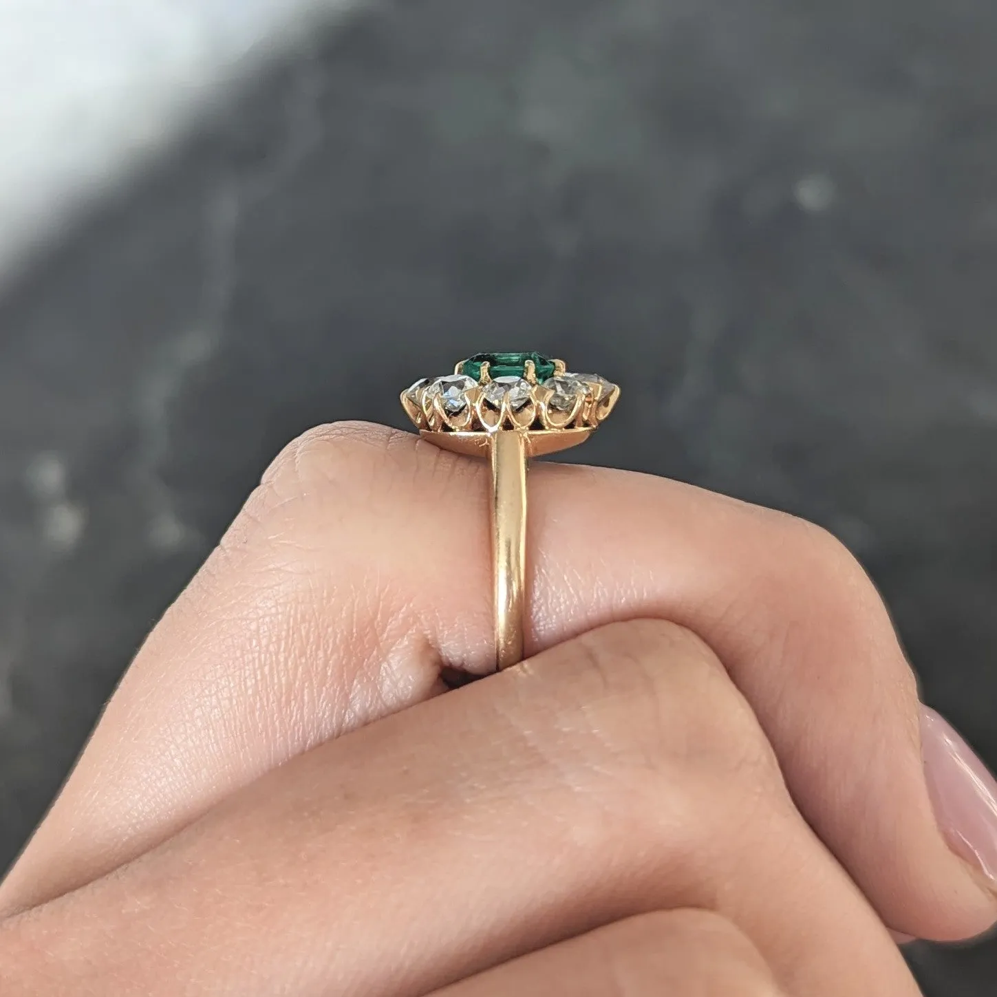 Edwardian 1.54 CTW Emerald Old European Cut Diamond 18 Karat Yellow Gold Antique Cluster Ring