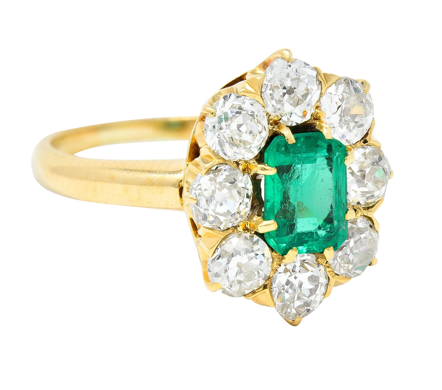 Edwardian 1.54 CTW Emerald Old European Cut Diamond 18 Karat Yellow Gold Antique Cluster Ring