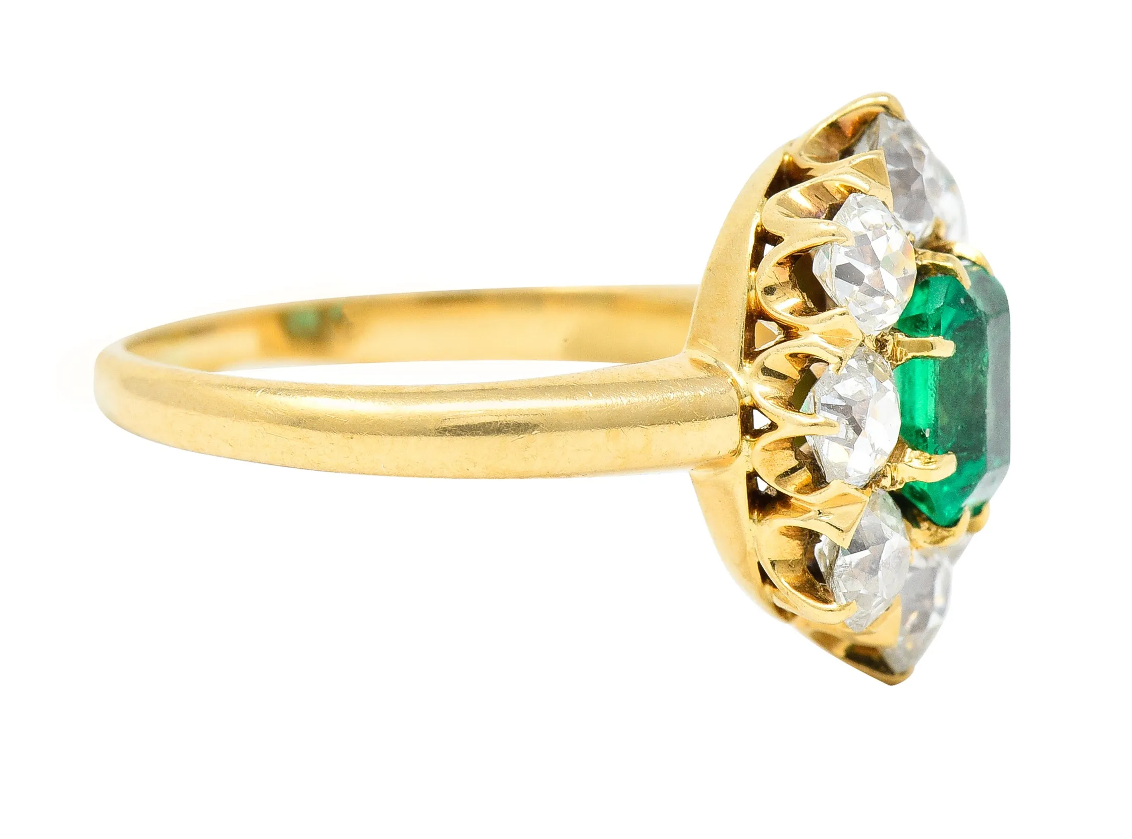 Edwardian 1.54 CTW Emerald Old European Cut Diamond 18 Karat Yellow Gold Antique Cluster Ring