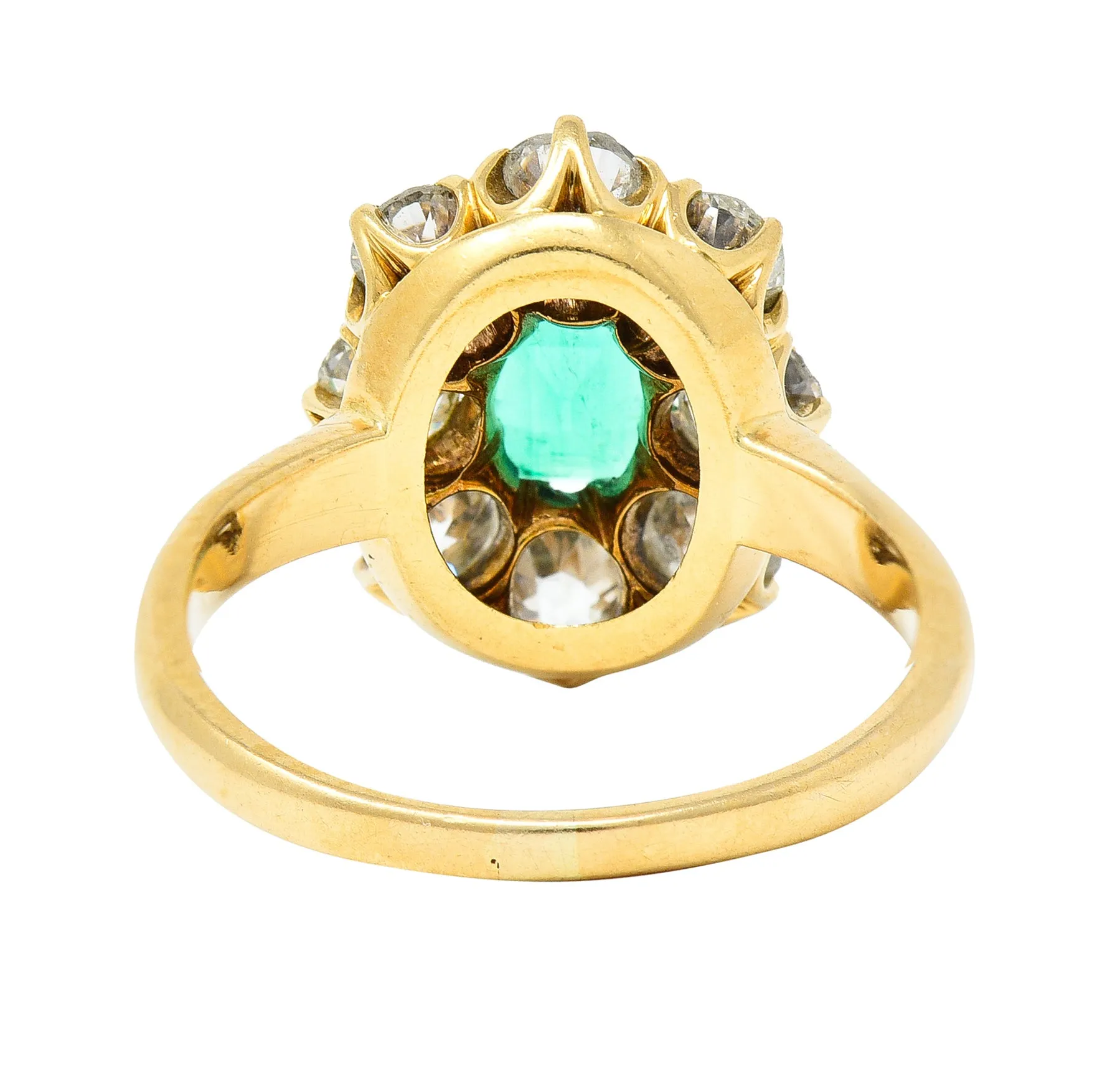 Edwardian 1.54 CTW Emerald Old European Cut Diamond 18 Karat Yellow Gold Antique Cluster Ring