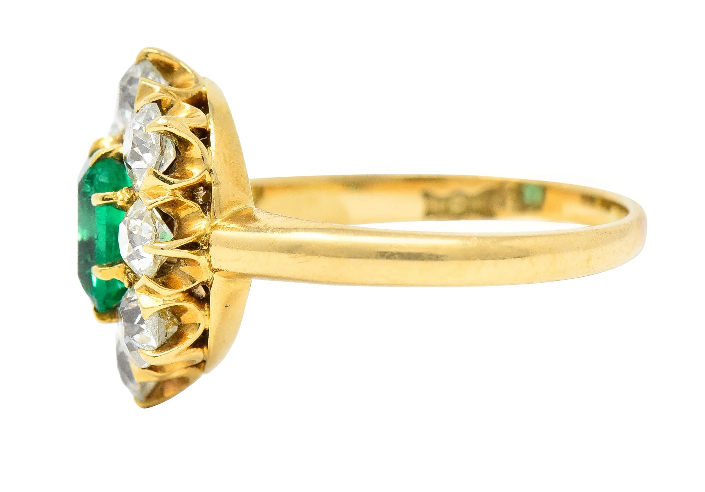 Edwardian 1.54 CTW Emerald Old European Cut Diamond 18 Karat Yellow Gold Antique Cluster Ring