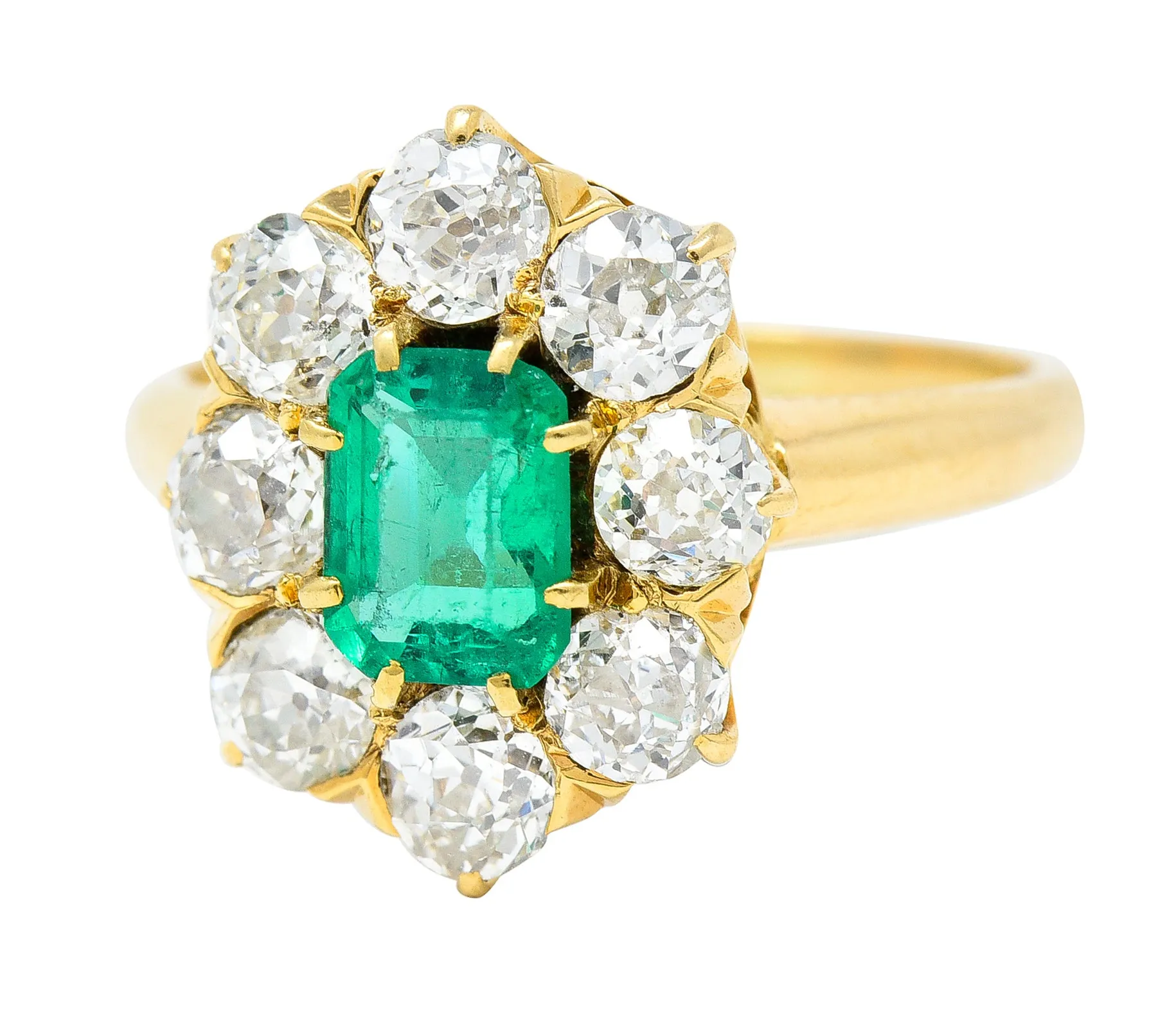 Edwardian 1.54 CTW Emerald Old European Cut Diamond 18 Karat Yellow Gold Antique Cluster Ring