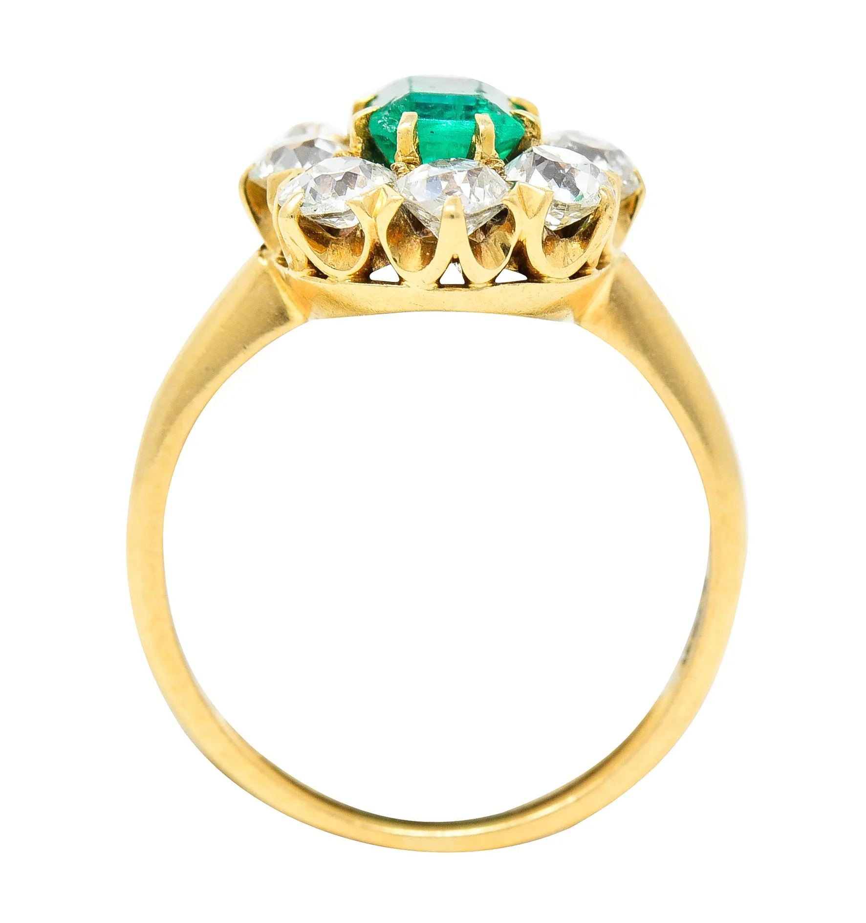 Edwardian 1.54 CTW Emerald Old European Cut Diamond 18 Karat Yellow Gold Antique Cluster Ring