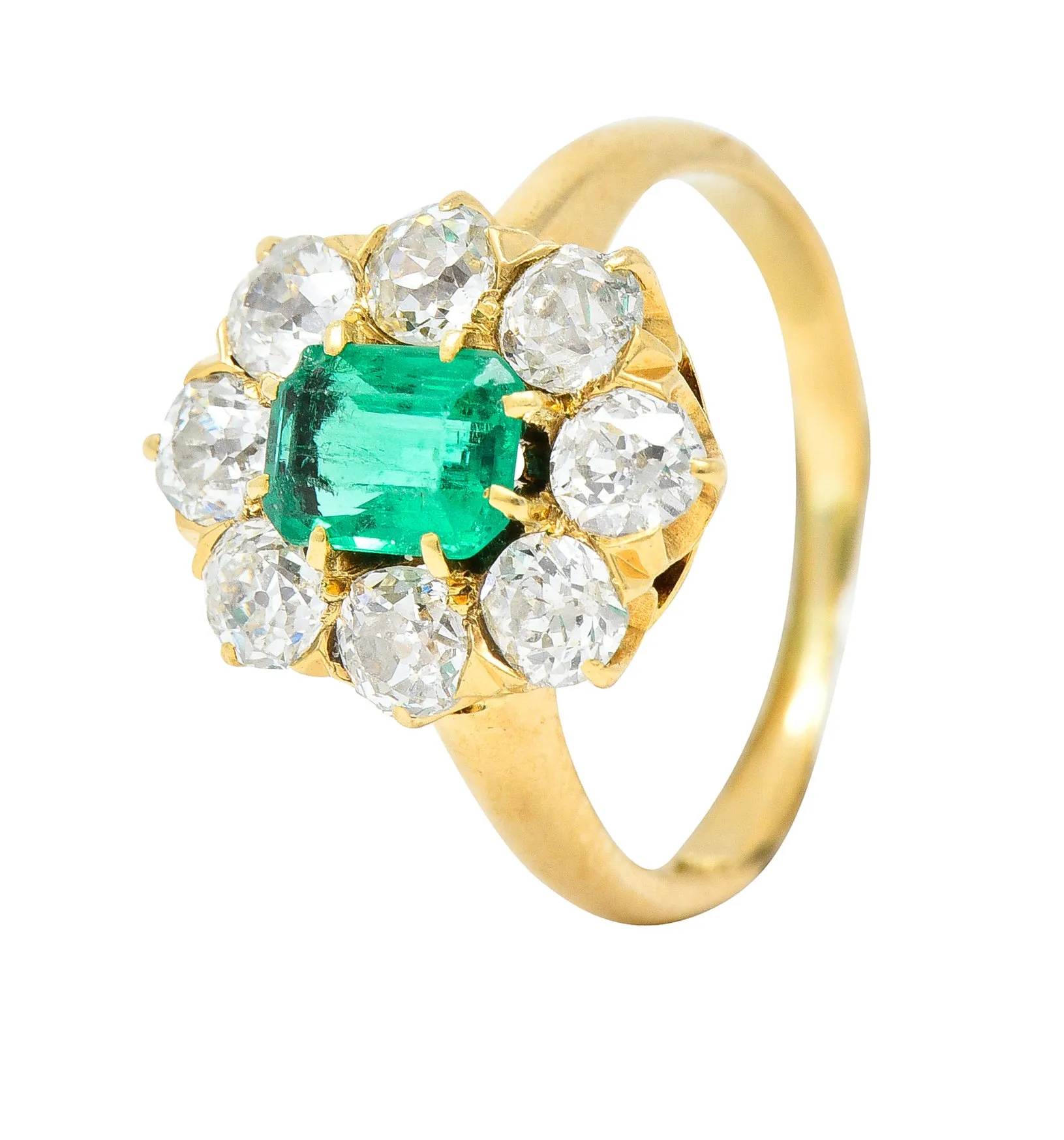 Edwardian 1.54 CTW Emerald Old European Cut Diamond 18 Karat Yellow Gold Antique Cluster Ring