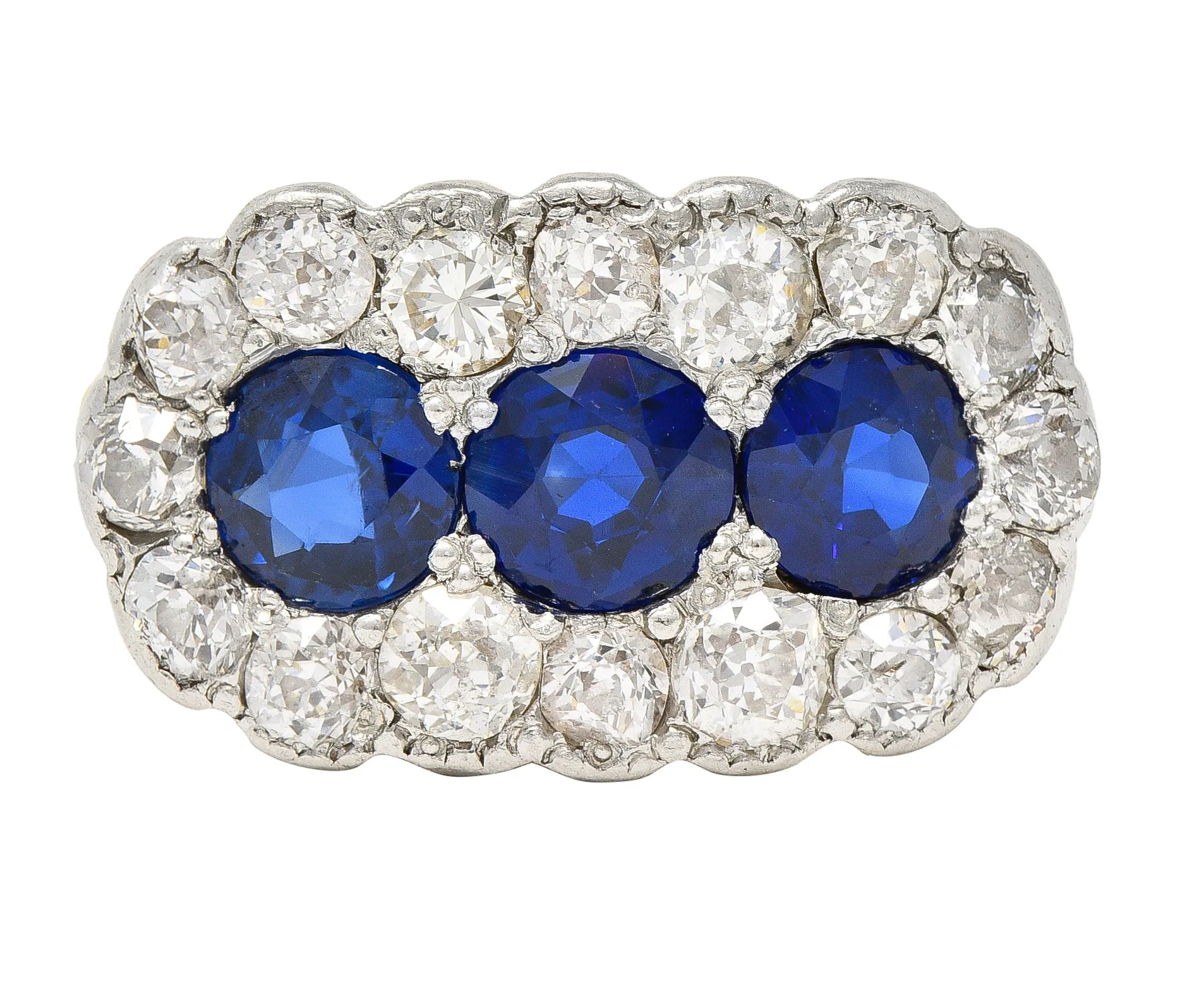 Edwardian 2.40 CTW Sapphire Diamond Platinum 14 Karat Gold Antique Cluster Ring