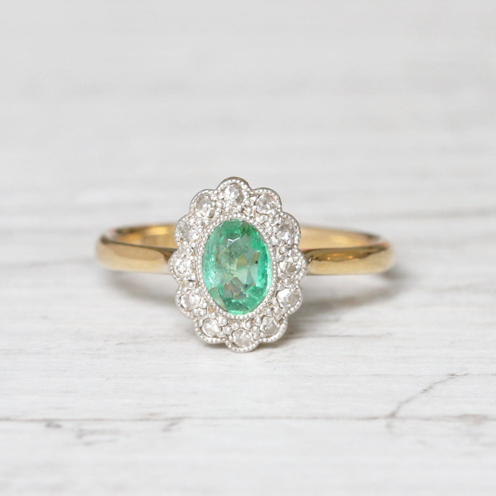 Edwardian Emerald and Single Cut Diamond Cluster