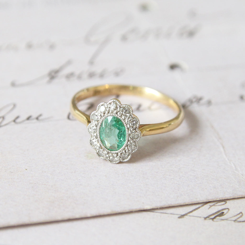 Edwardian Emerald and Single Cut Diamond Cluster