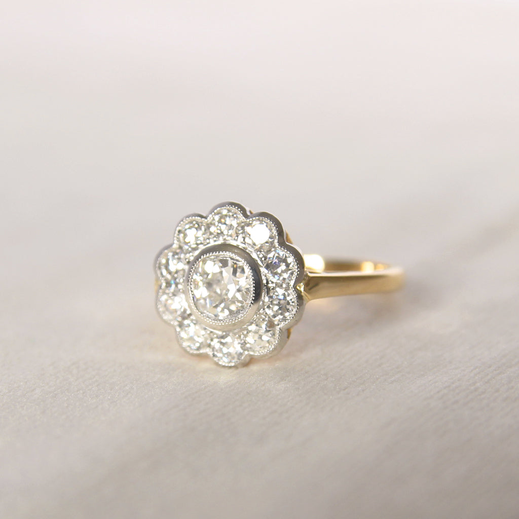 Edwardian Style 1.44 Carat Old Mine and European Cut Diamond Daisy Cluster