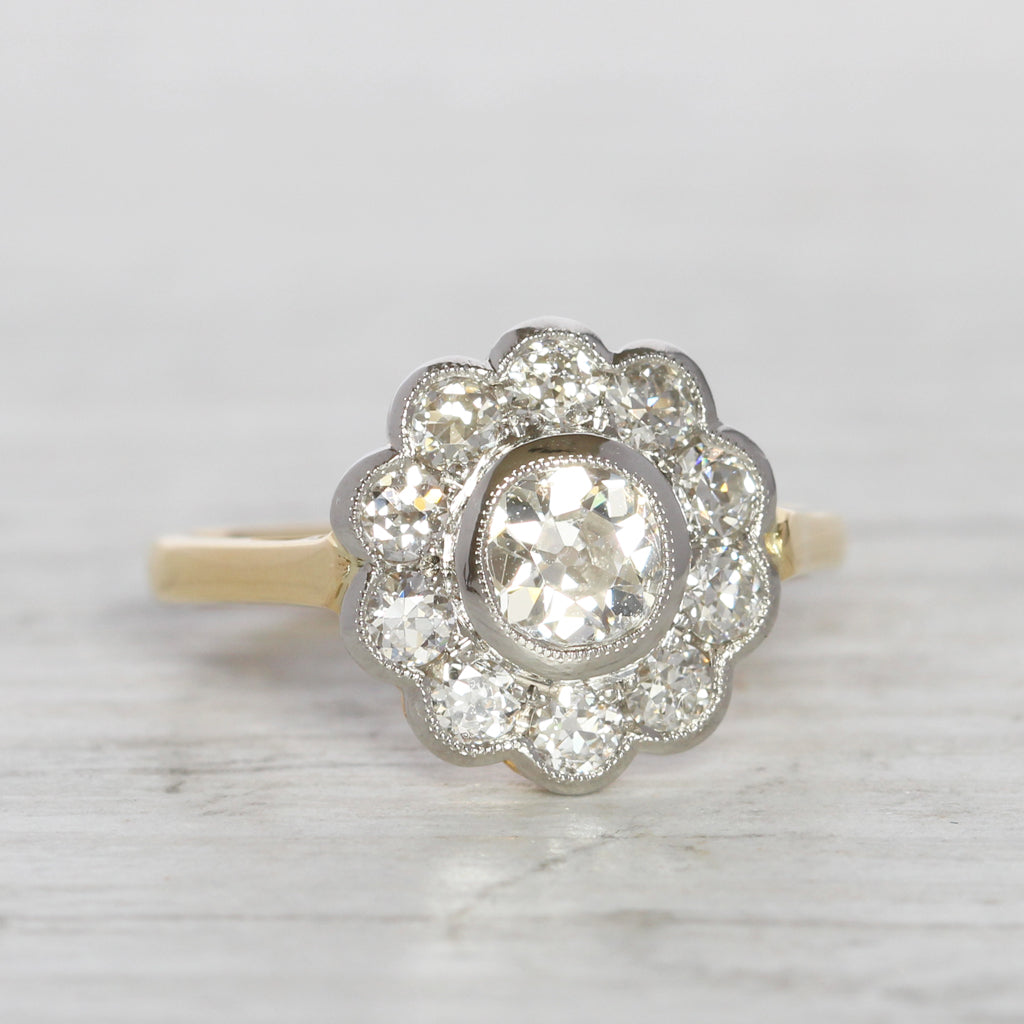 Edwardian Style 1.44 Carat Old Mine and European Cut Diamond Daisy Cluster