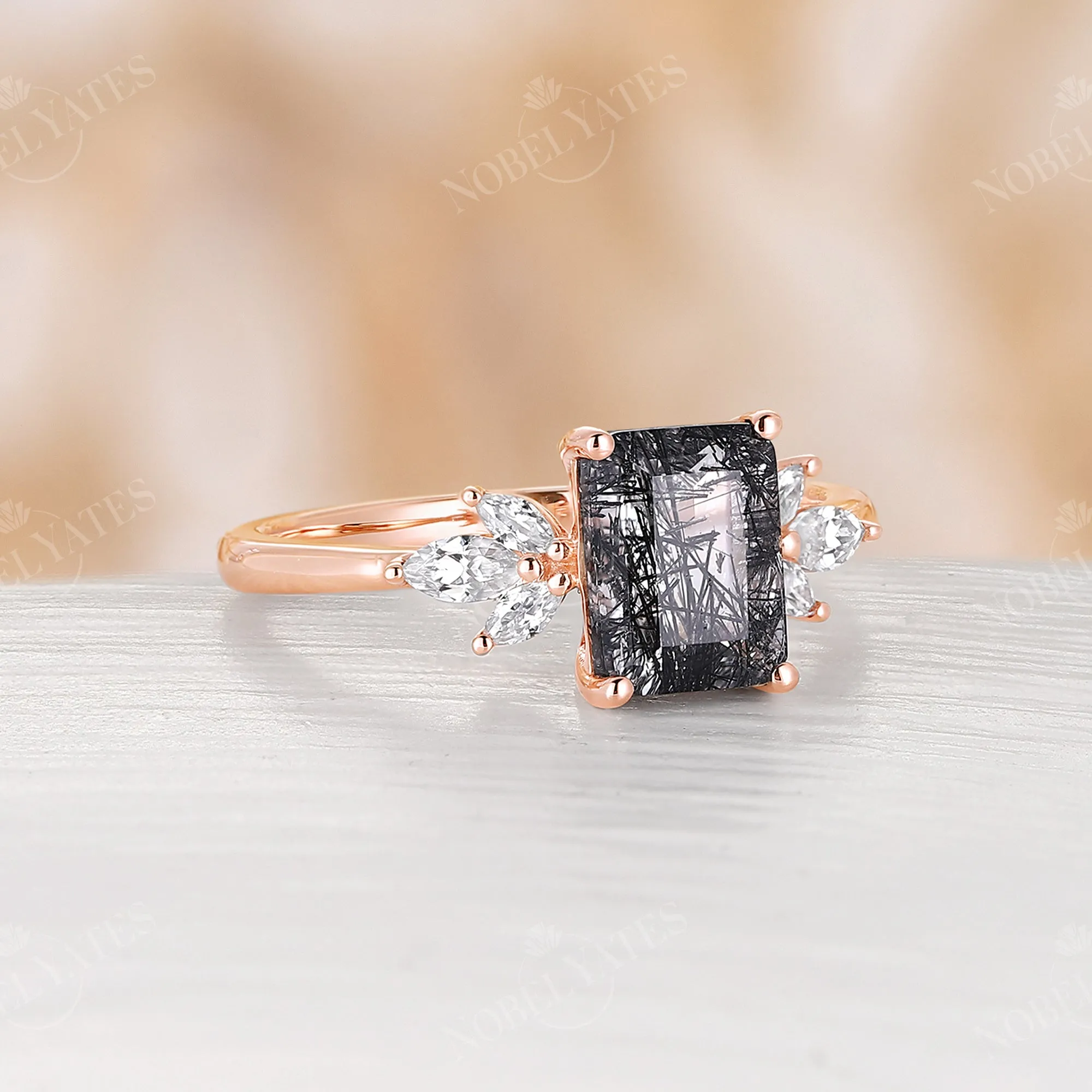 Emerald Cut Black Rutilated Quartz Cluster Engagement Ring Rose Gold