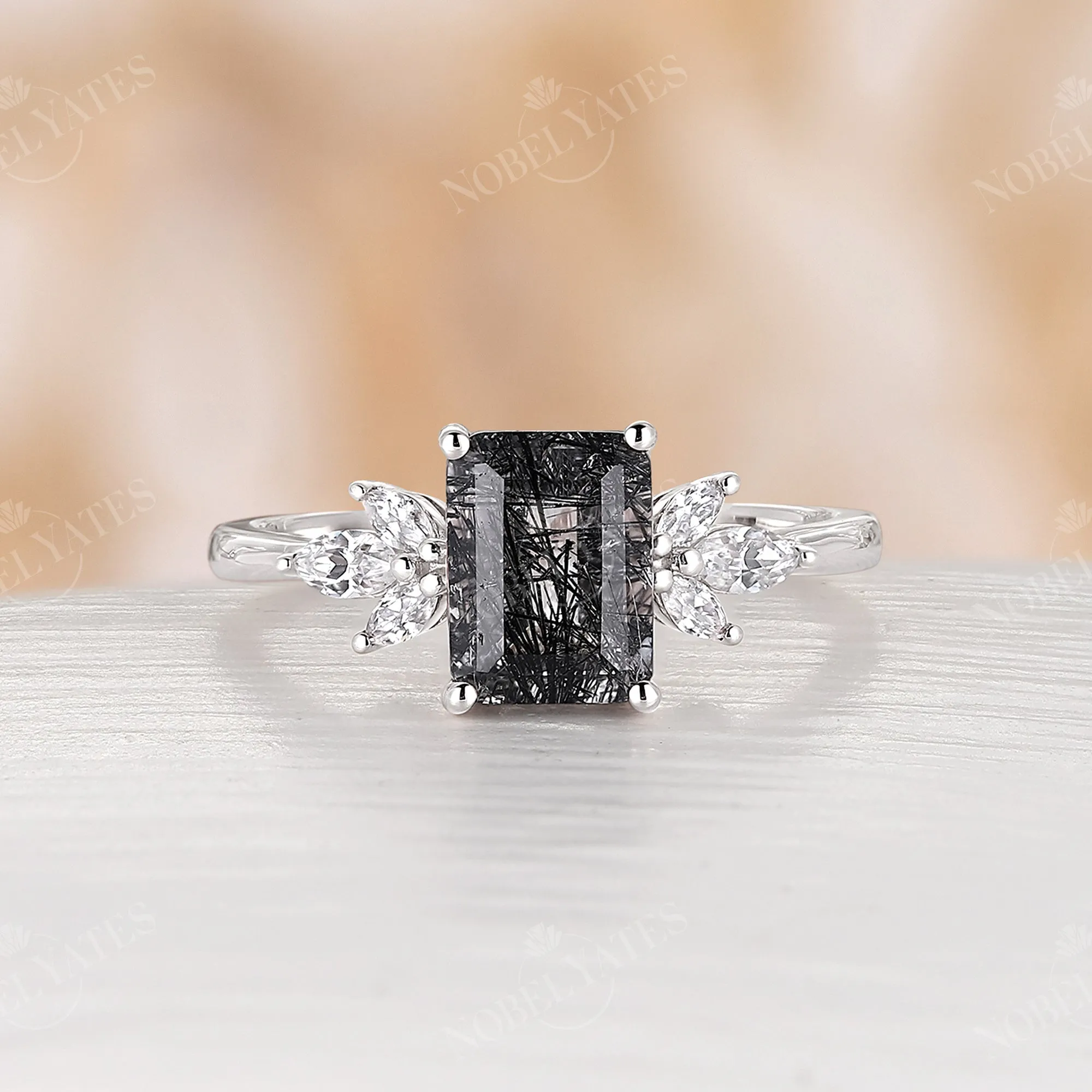 Emerald Cut Black Rutilated Quartz Cluster Engagement Ring Rose Gold