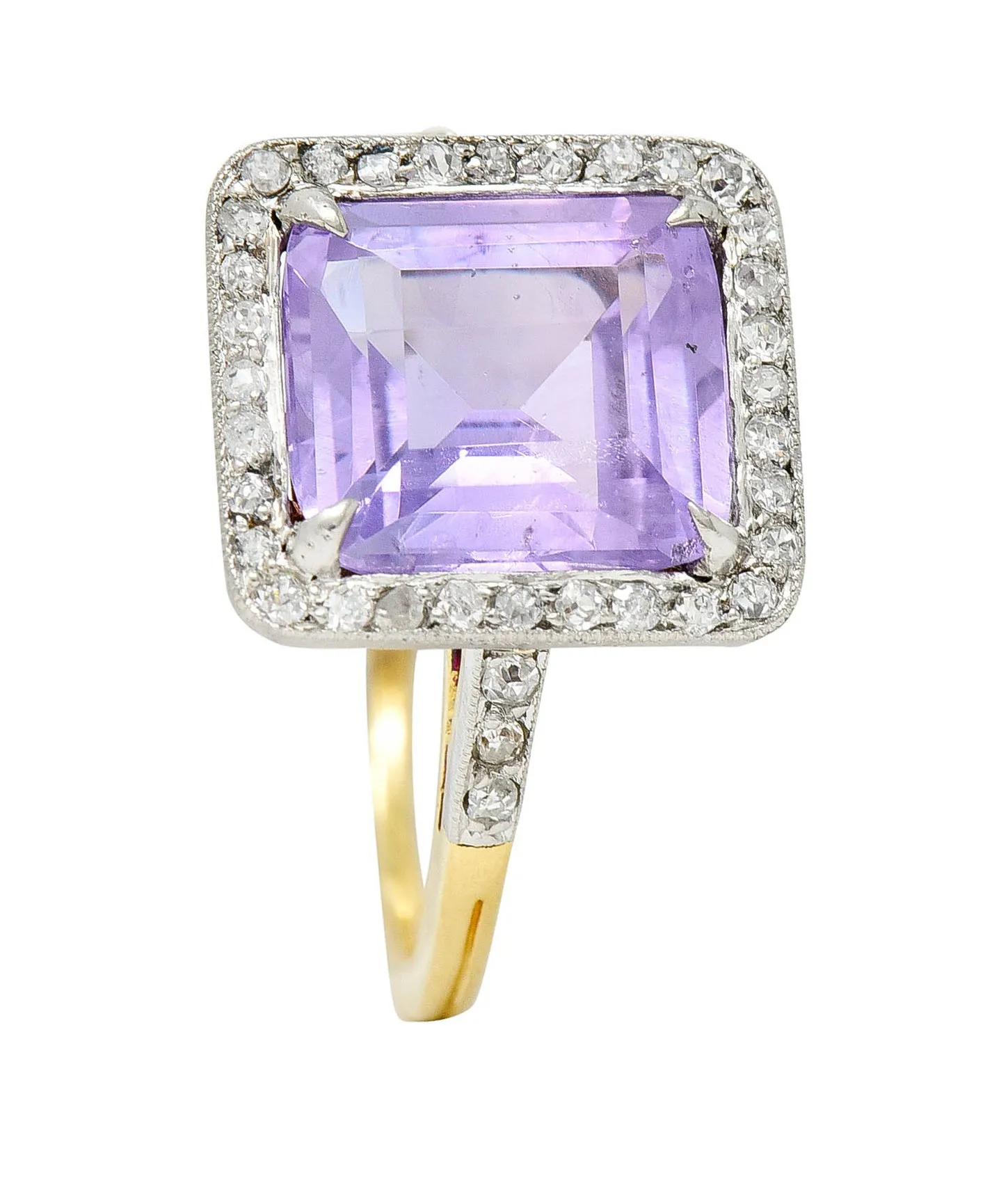 French Edwardian 5.24 CTW No Heat Lavender Sapphire Diamond Platinum 18 Karat Gold Antique Ring