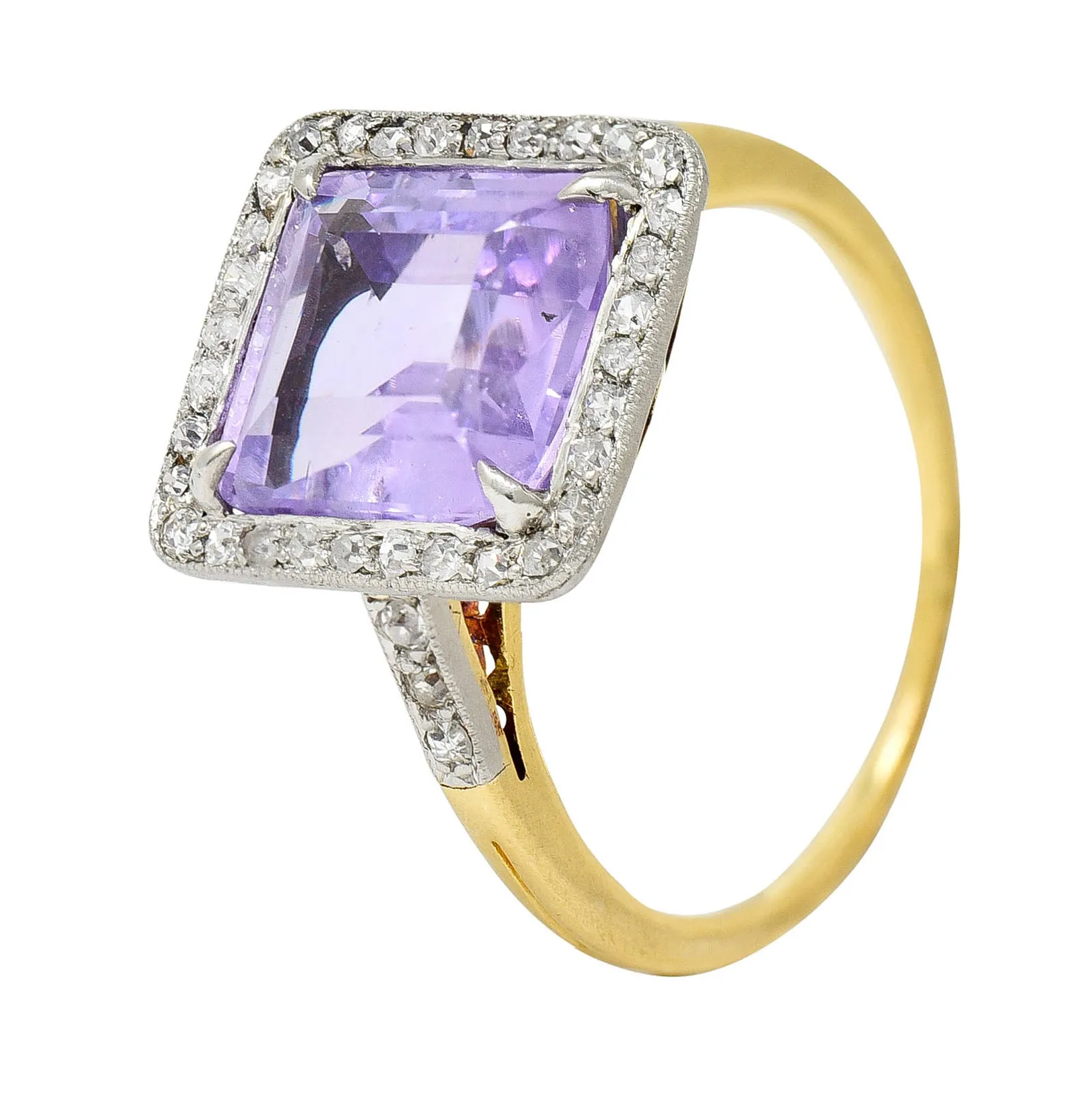 French Edwardian 5.24 CTW No Heat Lavender Sapphire Diamond Platinum 18 Karat Gold Antique Ring