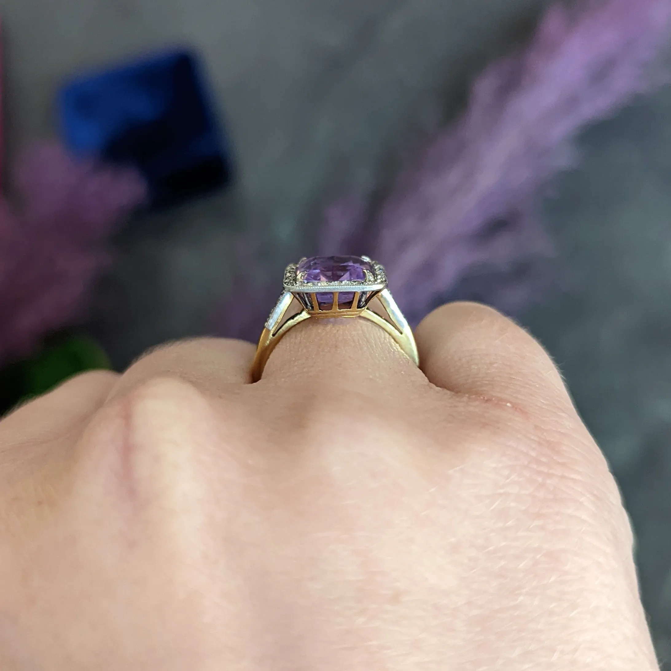 French Edwardian 5.24 CTW No Heat Lavender Sapphire Diamond Platinum 18 Karat Gold Antique Ring