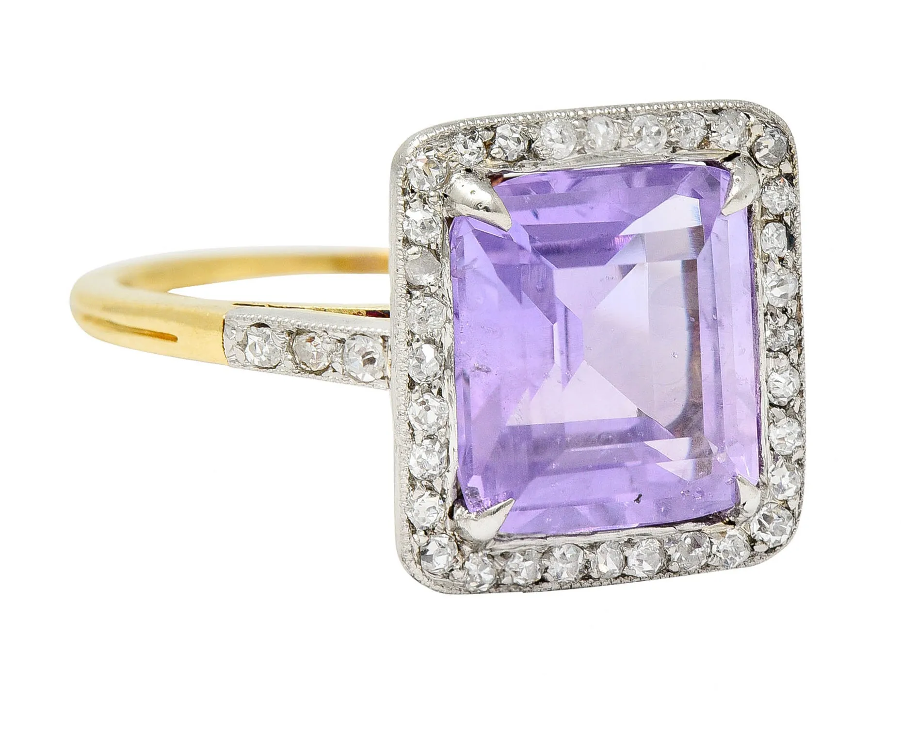 French Edwardian 5.24 CTW No Heat Lavender Sapphire Diamond Platinum 18 Karat Gold Antique Ring