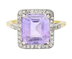 French Edwardian 5.24 CTW No Heat Lavender Sapphire Diamond Platinum 18 Karat Gold Antique Ring