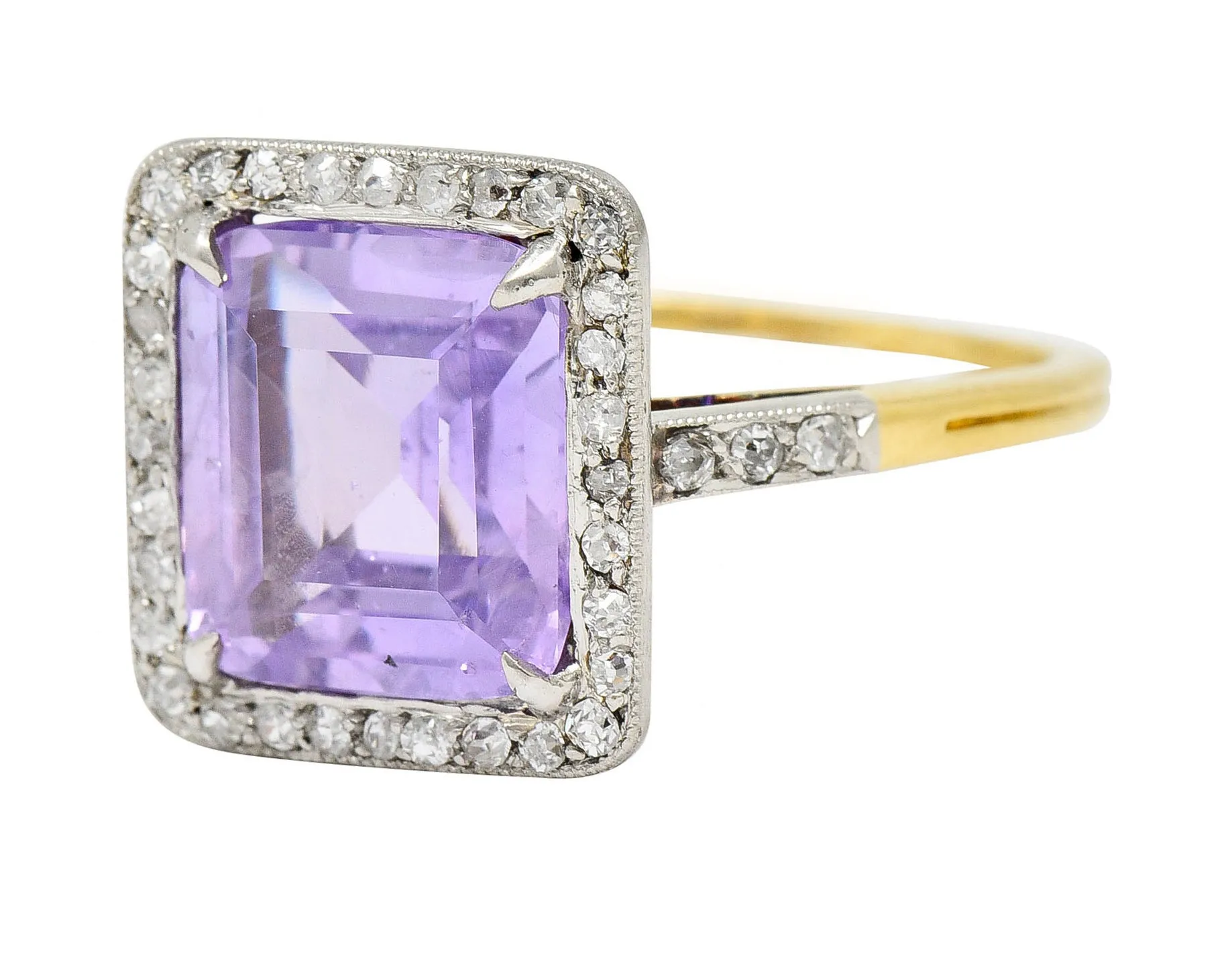 French Edwardian 5.24 CTW No Heat Lavender Sapphire Diamond Platinum 18 Karat Gold Antique Ring