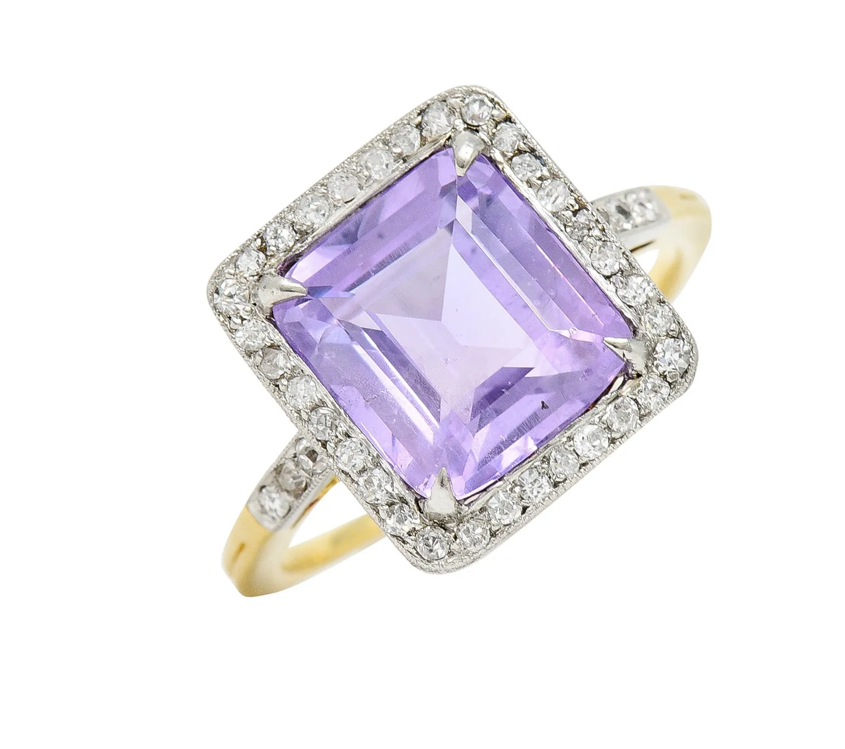 French Edwardian 5.24 CTW No Heat Lavender Sapphire Diamond Platinum 18 Karat Gold Antique Ring