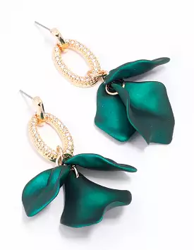 Gold & Green Petal Diamante Drop Earrings