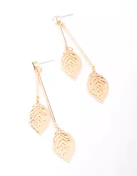 Gold Diamante Layered Leaf Drop Earrings